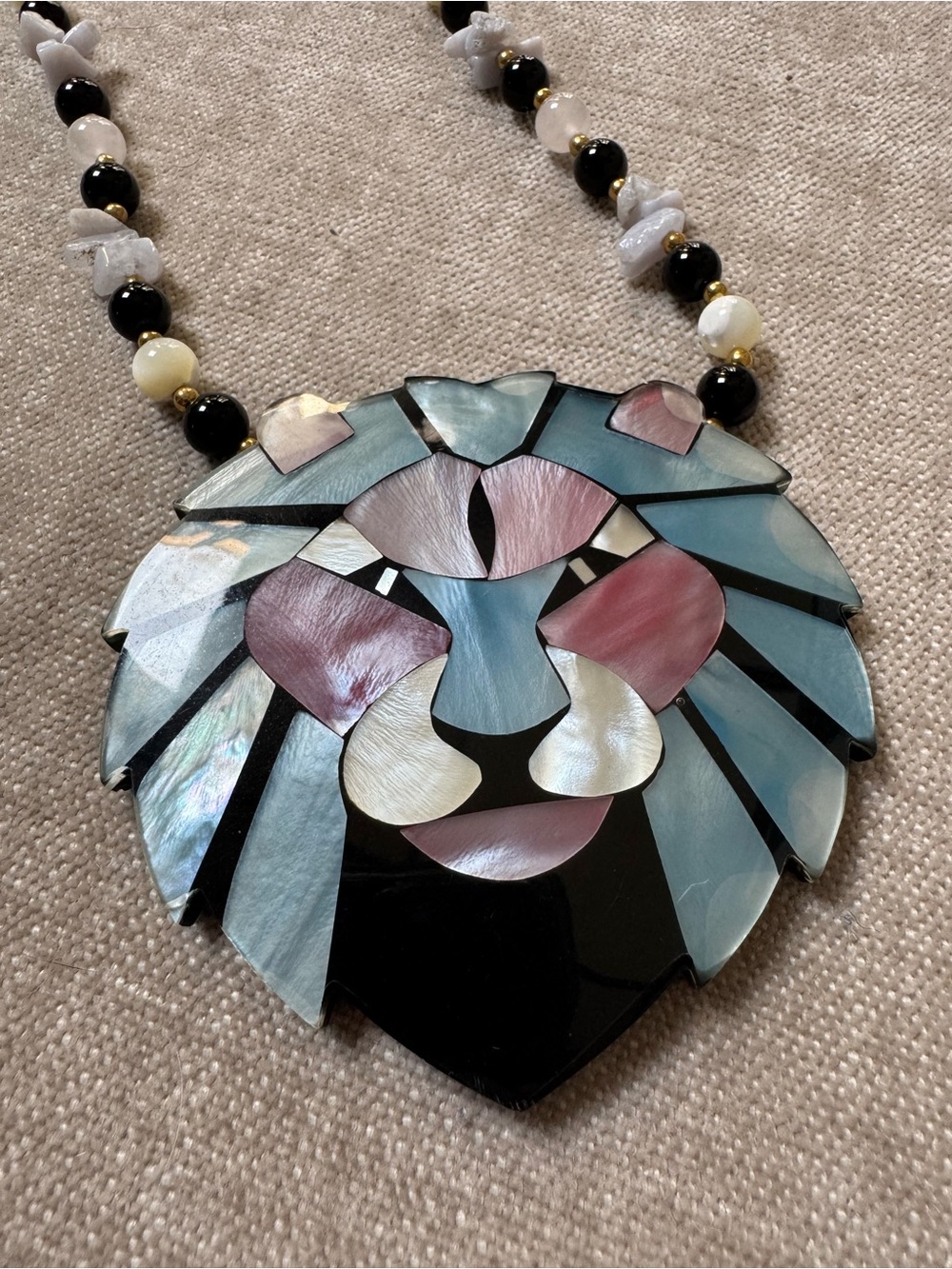 Lee Sands Blue Mother of Pearl Inlay Lion Statement Necklace